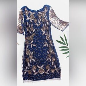 Aidan Mattox Navy and Gold Embroidered Long Sleeve Dress;used only once